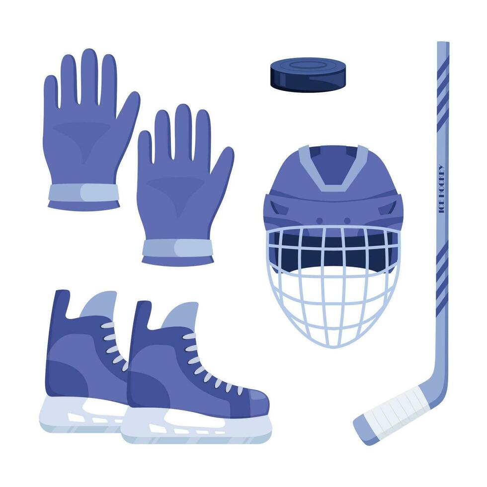 uppsättning av hockey Utrustning. hjälm, handskar, pinne, puck, skridskor, vissla, vatten flaska. vektor illustration.