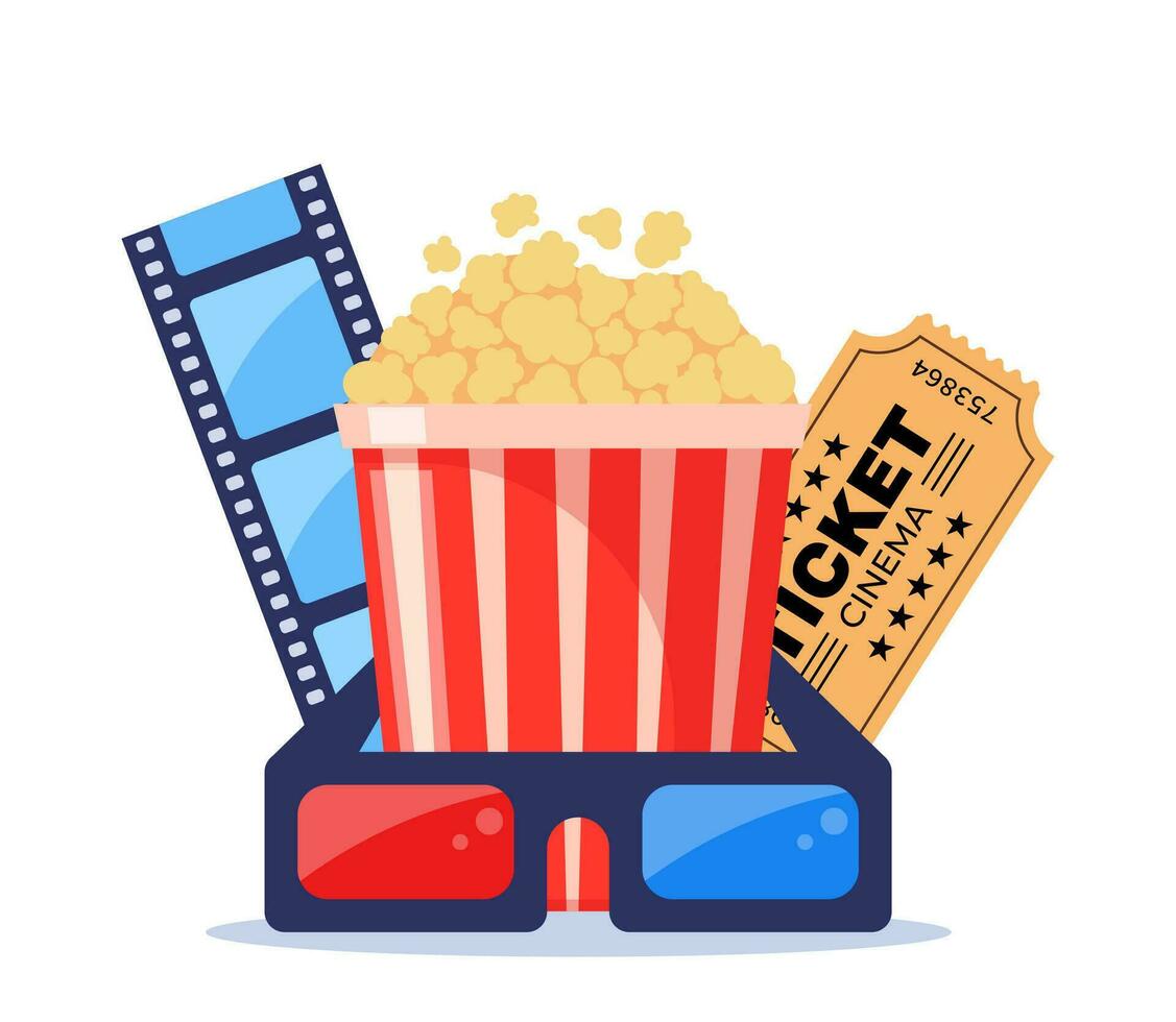 Film Zeit. Komposition mit Popcorn, Klappe, 3d Brille und Filmstreifen. Kino Poster, Banner Design zum Film Theater. Vektor Illustration.
