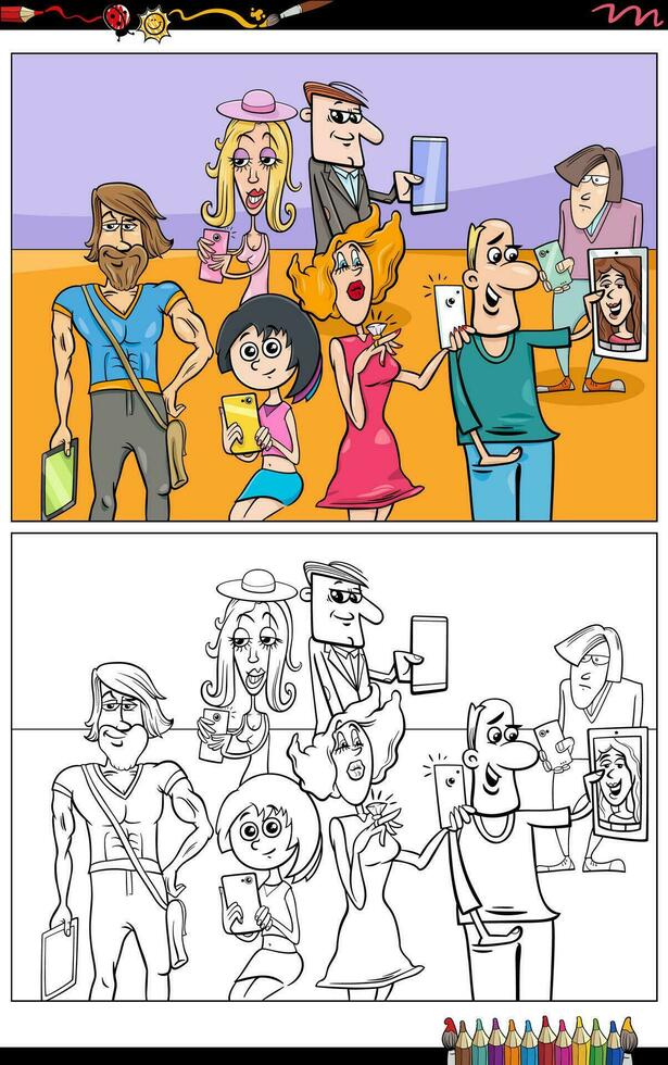 Karikatur Menschen Gruppe mit Clever Telefone Färbung Seite vektor