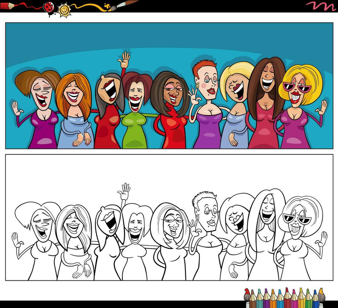 tecknad serie kvinnor och flickor tecken grupp färg sida vektor