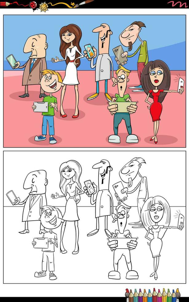 tecknad serie människor tecken med smart telefoner färg sida vektor