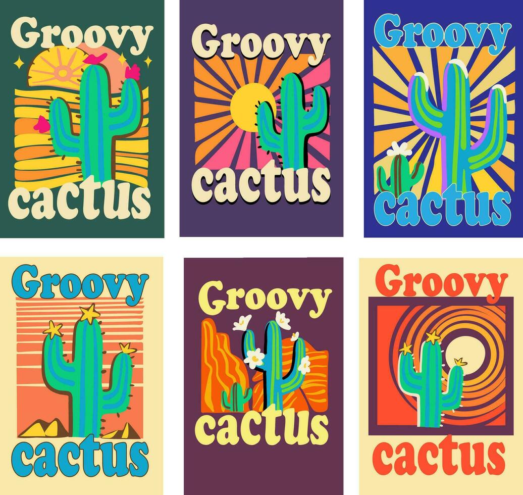 uppsättning design häftig kaktus för affischer, t-tröjor 70s hippie vektor