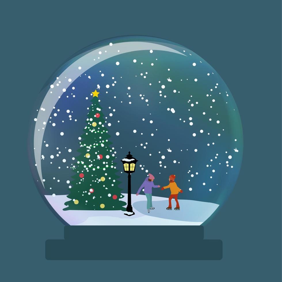 snöglasglobboll med barn skridskor på vintern till jul vektor