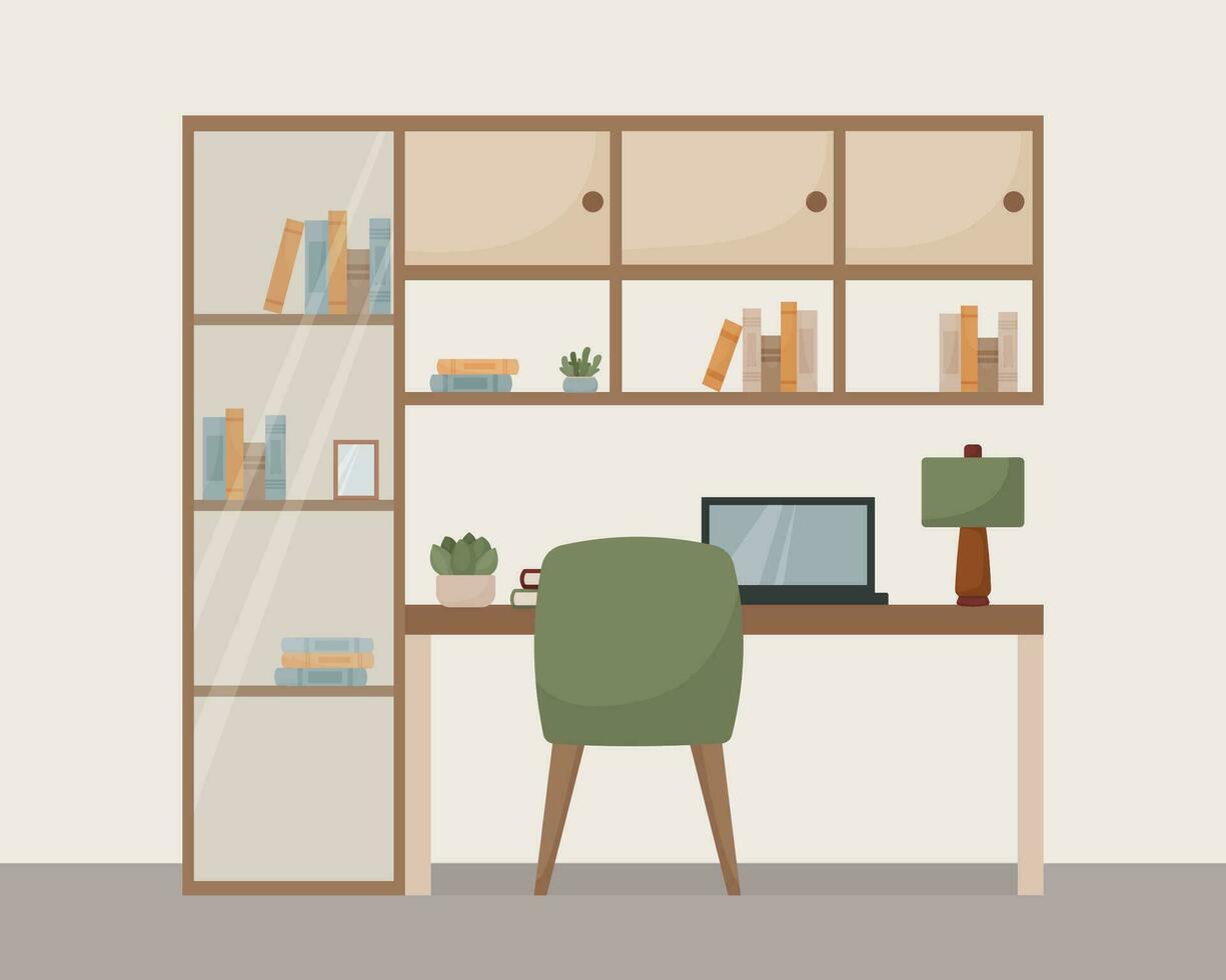 Arbeitsplatz Zimmer Innere, eben Stil, Kabinett, Zuhause Büro, modern Innere, Stuhl, Schreibtisch, Bücherregal, Bücher, Lampe, Anlage, Laptop, Vektor Illustration