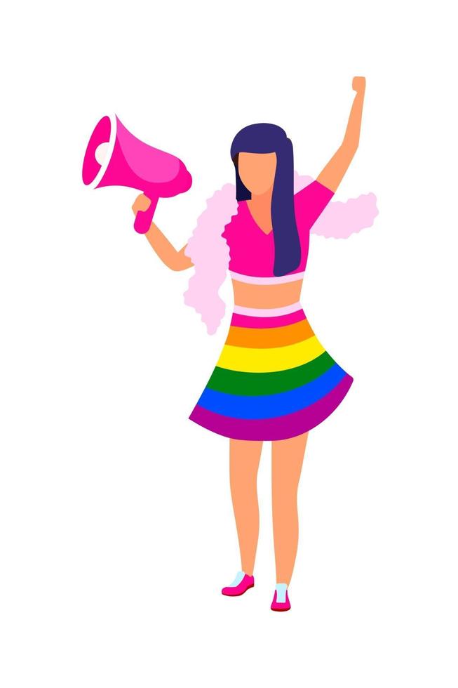 Mädchen mit Lautsprecher in Regenbogen-Outfit mit flachem Farbcharakter vektor