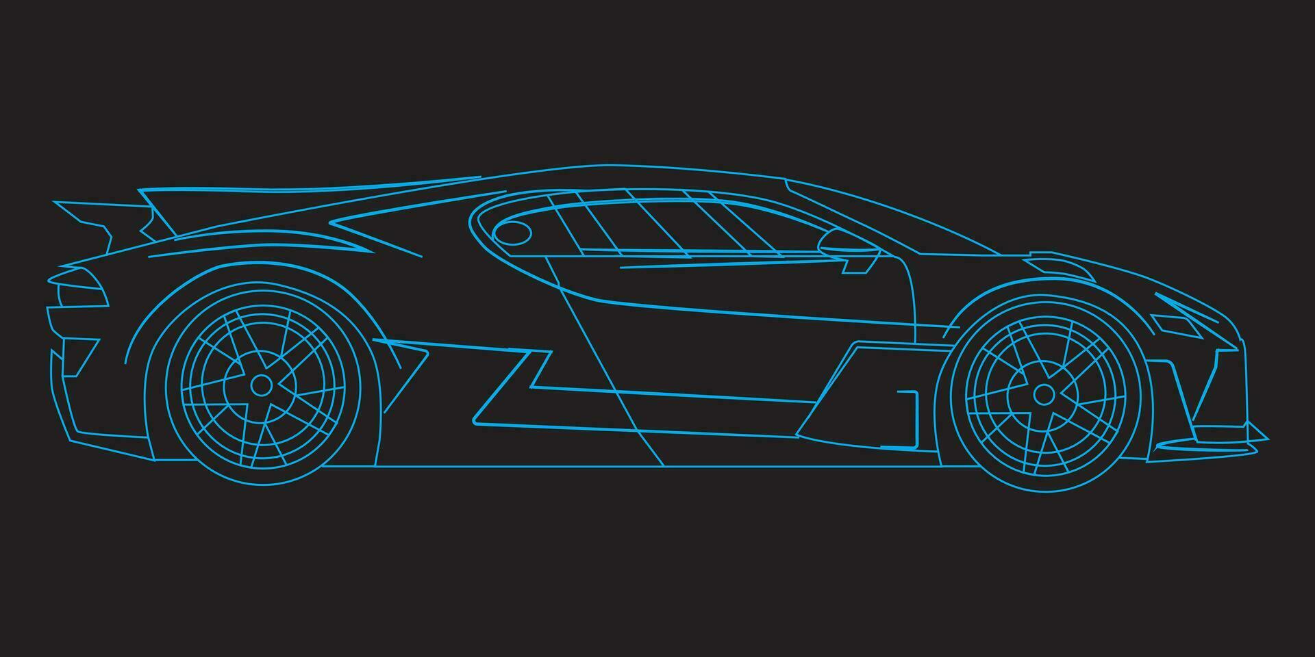 modern bil, sida se. blå neon bil ram sida se, baner för marknadsföring reklam design. vektor illustration. isolerat på svart bakgrund.