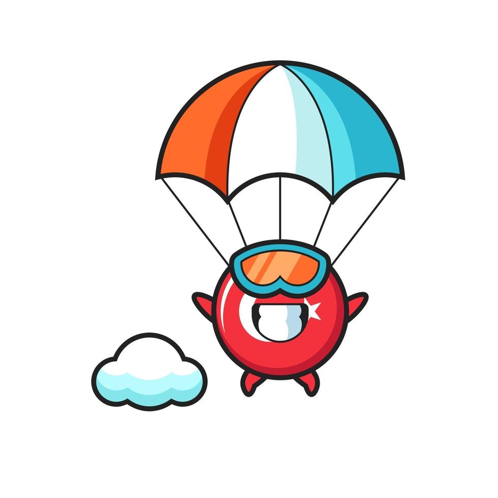 Turkiet flagga märke maskot tecknad film är fallskärmshoppning med glad gest vektor