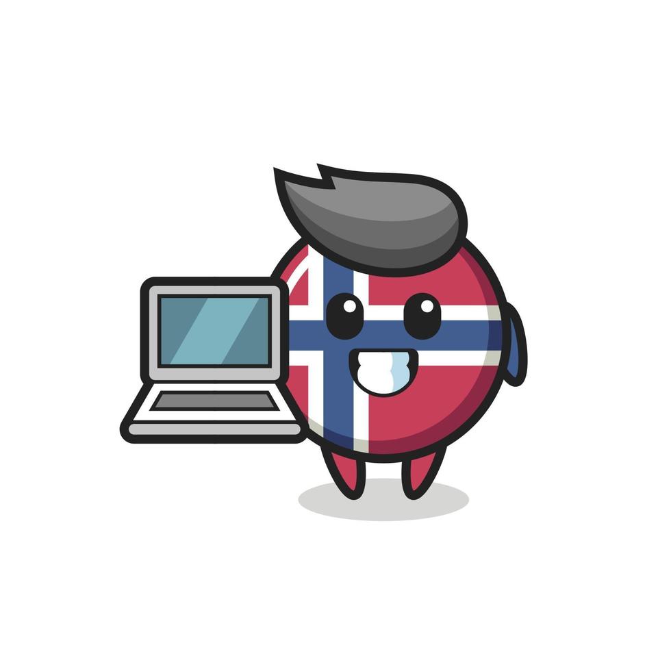 Maskottchenillustration des norwegischen Flaggenabzeichens mit einem Laptop vektor