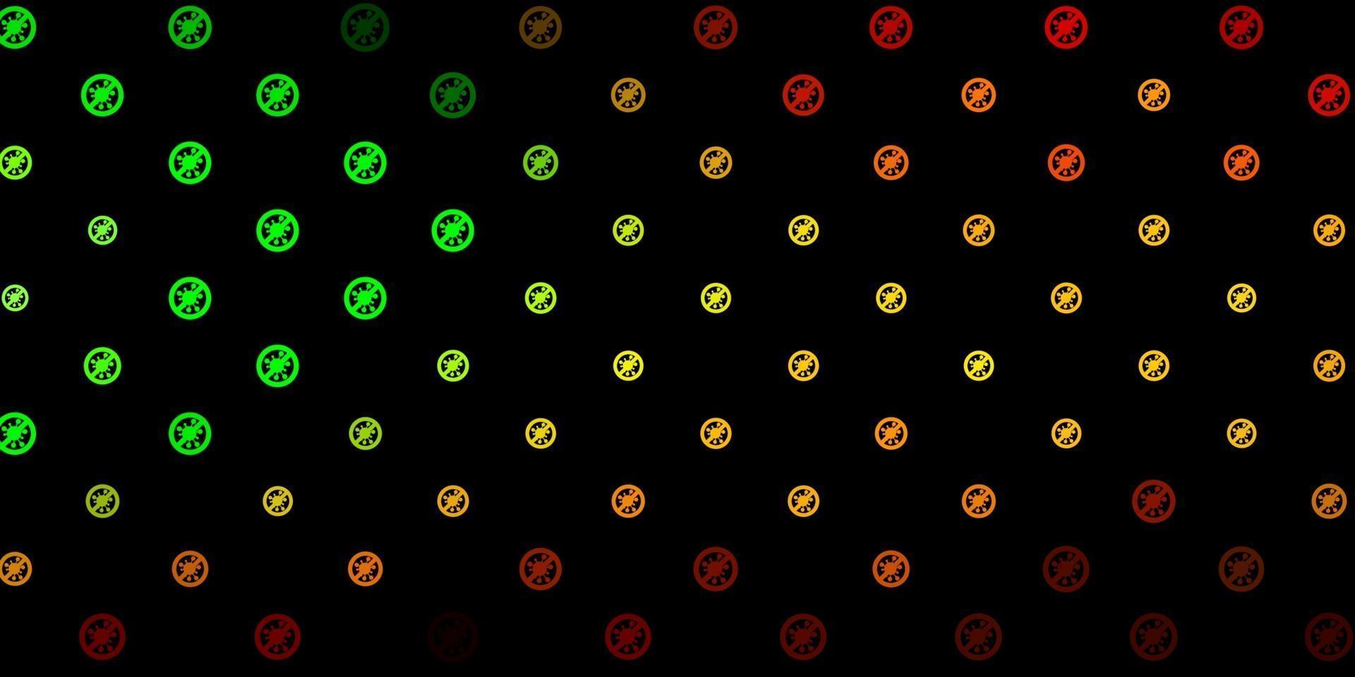 mörkgrön, gul vektorbakgrund med covid-19 symboler. vektor