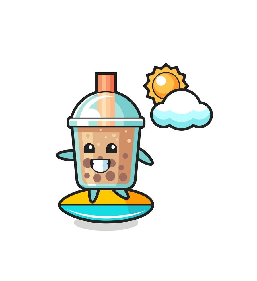 Illustration von Bubble Tea Cartoon surfen am Strand vektor