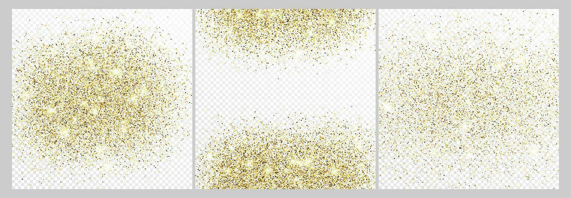 uppsättning av tre guld glitter konfetti bakgrunder isolerat på vit bakgrunder. fest textur med lysande ljus effekt. vektor illustration.