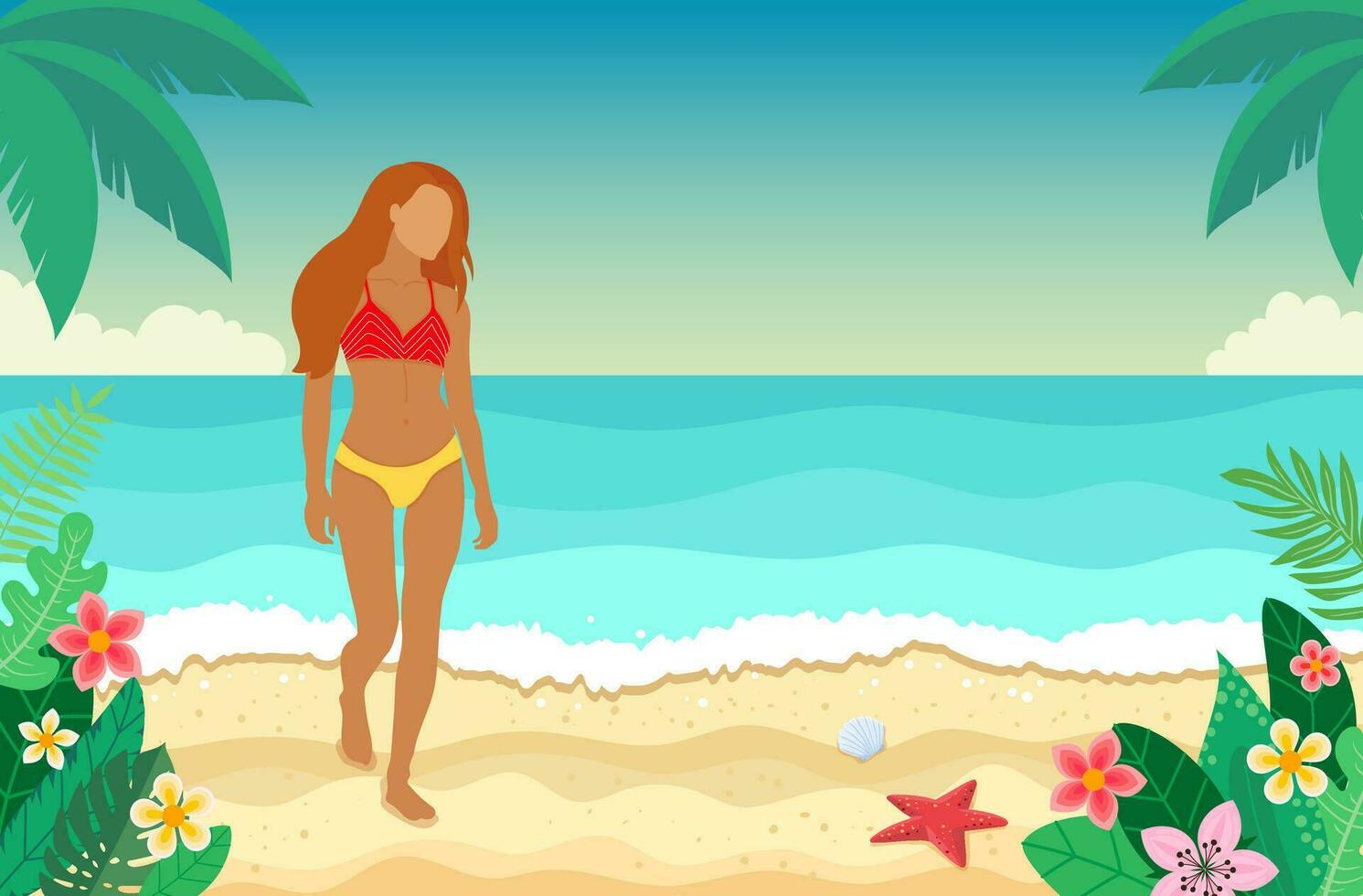 tropisch sehen. Urlaub im ein exotisch Land. Sommer- Verkauf Banner. Palme Bäume, Strand, Pflanzen. Vektor Illustration