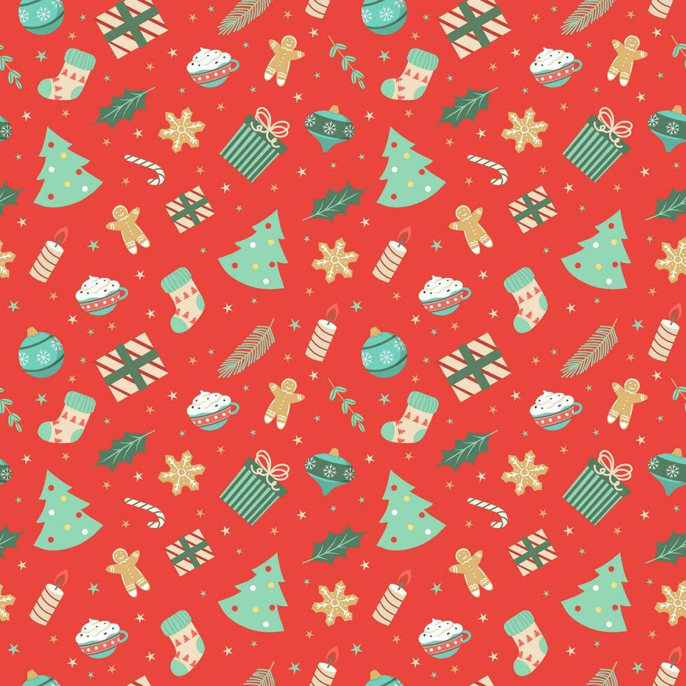 nahtlos Weihnachten Muster Vorlage im Karikatur Stil mit Weihnachten Süßigkeiten, Geschenke, Stechpalme Blätter und Glocken. zum Verpackung Papier, Textil, thematisch Dekor vektor