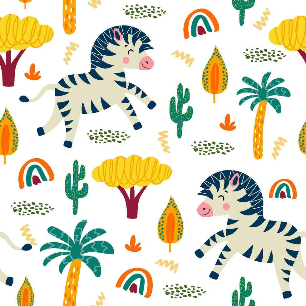 sömlös mönster med afrikansk djur och växter i en barnslig tecknad serie stil. vektor illustration. för barns textilier och dekoration
