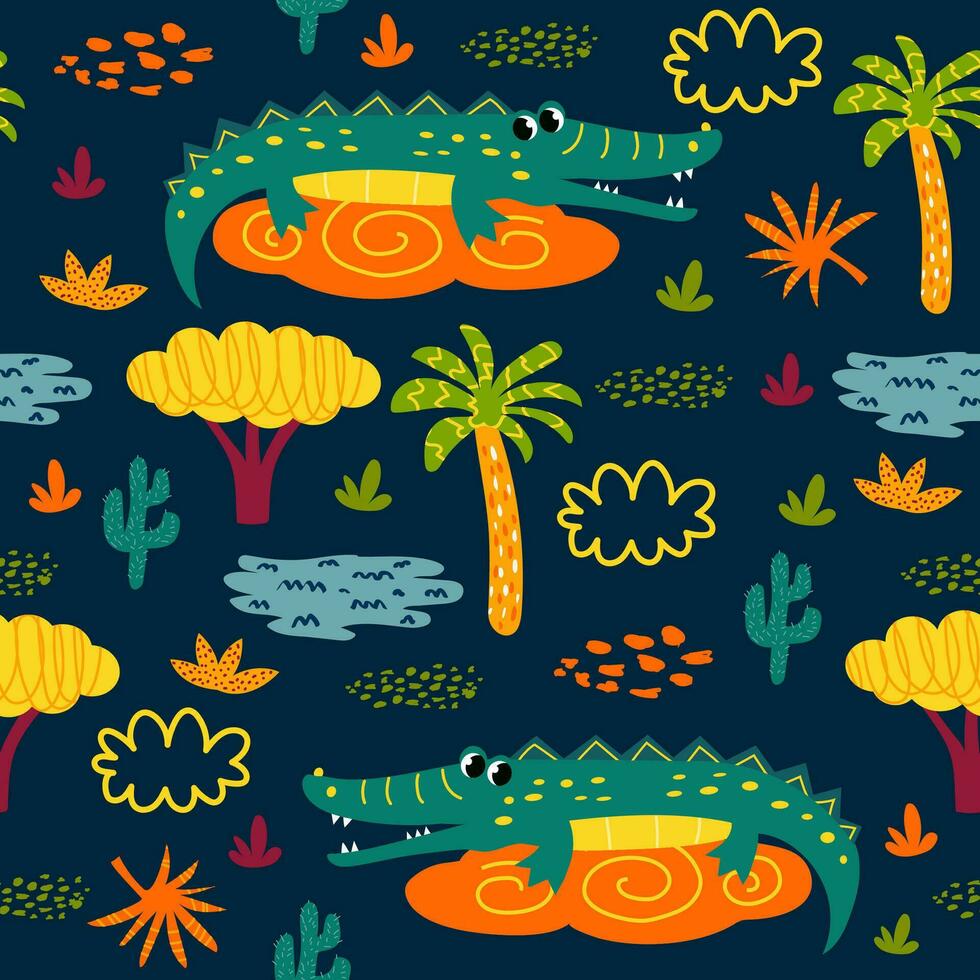 nahtlos Muster mit afrikanisch Tiere und Pflanzen im ein kindisch Karikatur Stil. Vektor Illustration. zum Kinder- Textilien und Dekoration