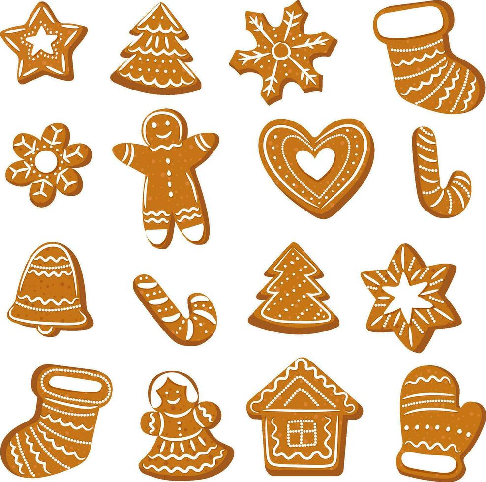 ein einstellen von Weihnachten Lebkuchen Kekse dekoriert mit Glasur Zucker. Vektor Illustration im Karikatur Stil