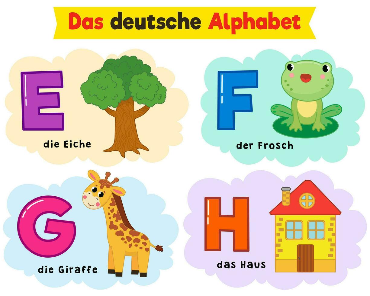 Deutsche Alphabet. geschrieben im Deutsche Frosch, Eiche, Haus, Giraffe vektor