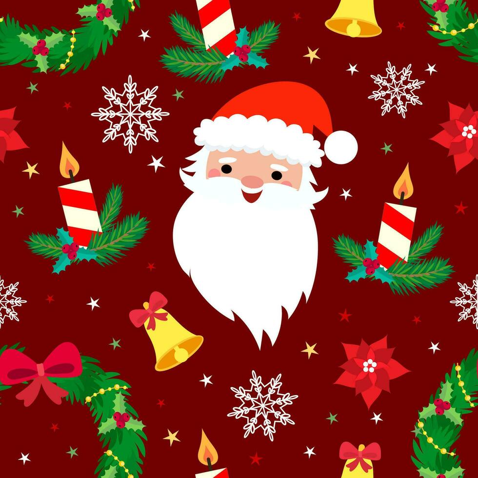 sömlös jul mönster mall i tecknad serie stil med jul godis, gåvor, järnek löv och klockor. för omslag papper, textil, tema dekor vektor