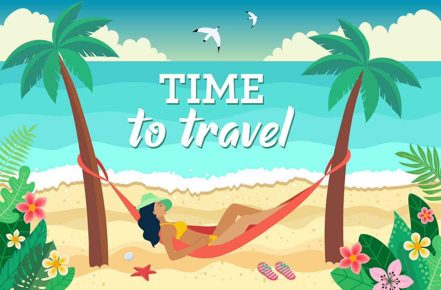 tropisch sehen. Urlaub im ein exotisch Land. Sommer- Verkauf Banner. Palme Bäume, Strand, Pflanzen. Vektor Illustration