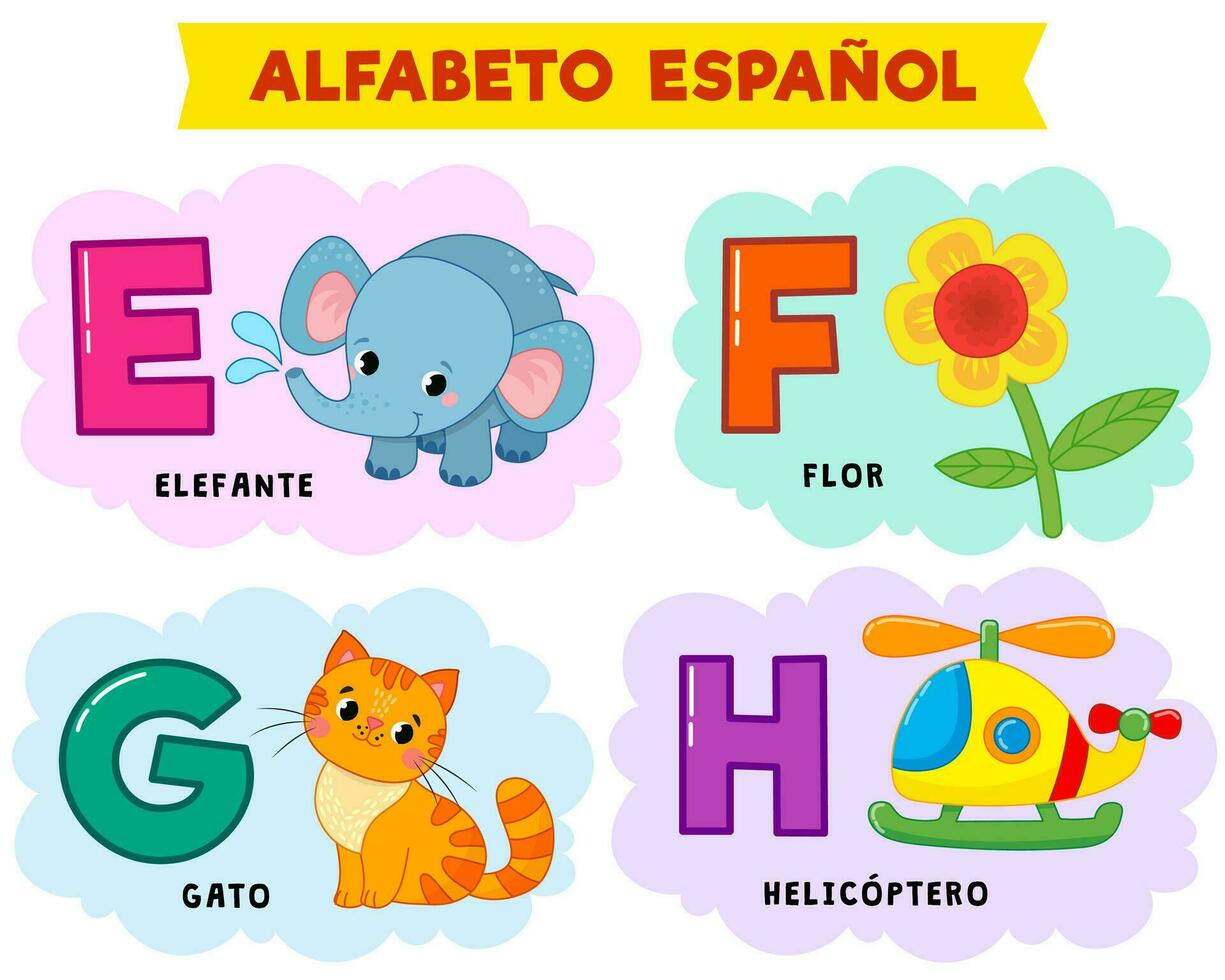 Spanisch Alphabet. Vektor Illustration. geschrieben im Spanisch Elefant, Blume, Hubschrauber, Katze