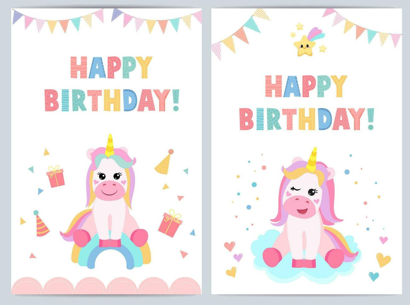 süß Geburtstag Karten zum Kinder mit komisch Einhorn. Vektor Illustration