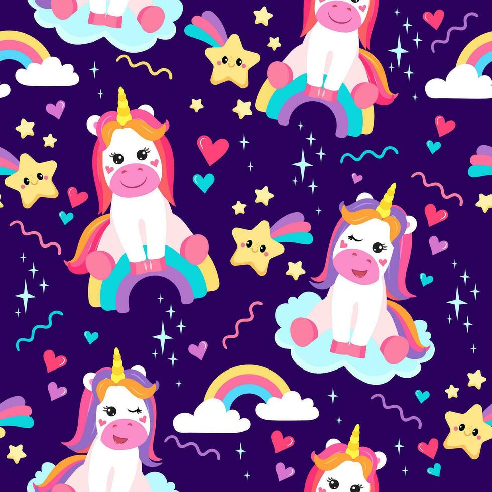 färgrik sömlös mönster med unicorns i tecknad serie stil för ungar. vektor illustration