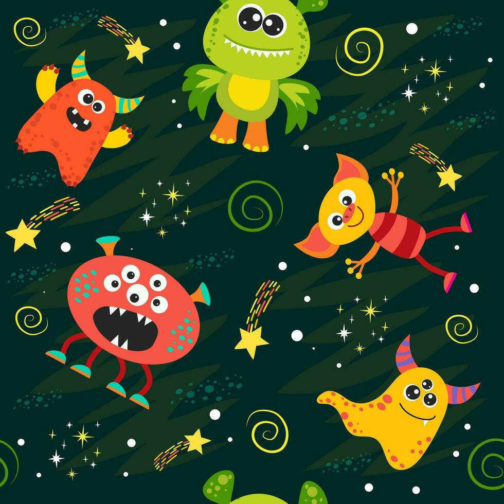 nahtlos Muster mit Aliens und Raum Monster, Planeten, Raketen, Sterne, Kometen, Raumschiffe im Karikatur Stil. Vektor Illustration