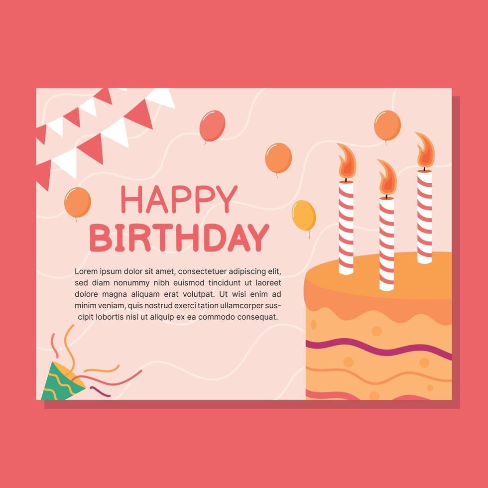 Geburtstagskarten-Designvorlage mit Kuchen- und Ballondekoration vektor