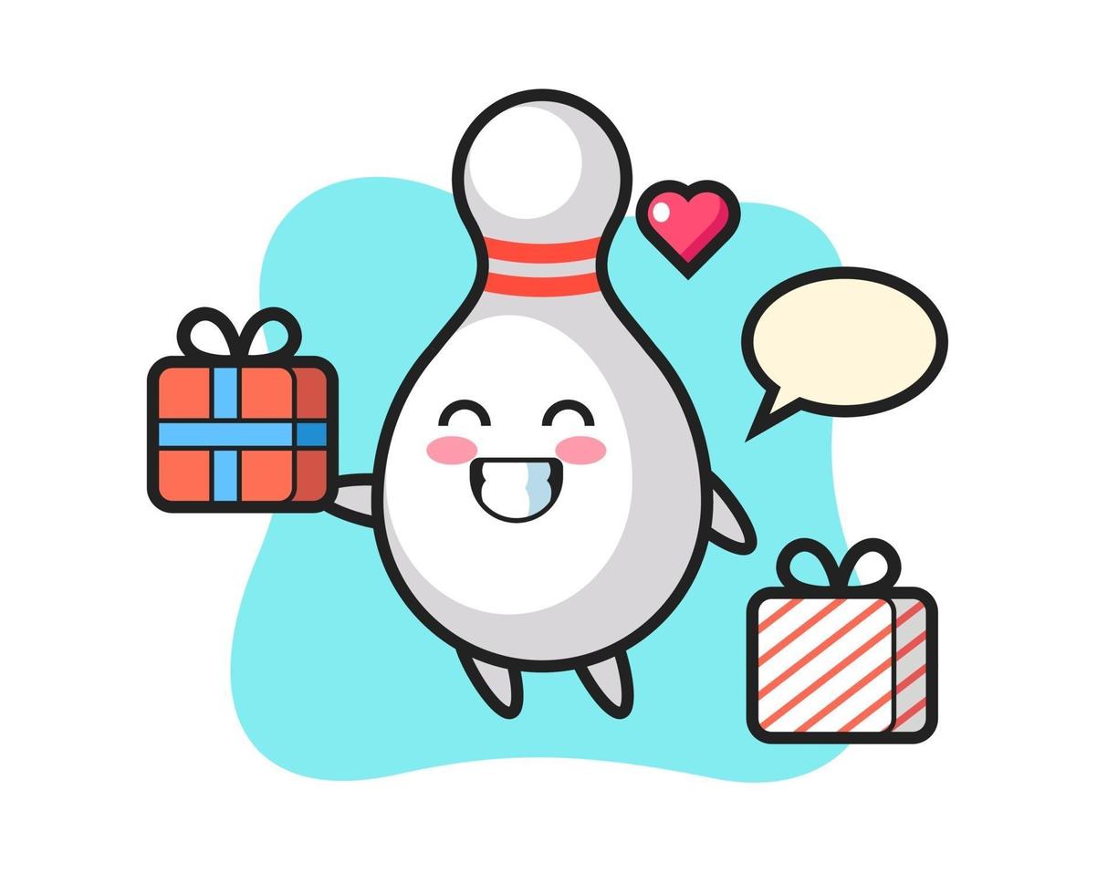 Bowling Pin Maskottchen Cartoon das Geschenk geben vektor