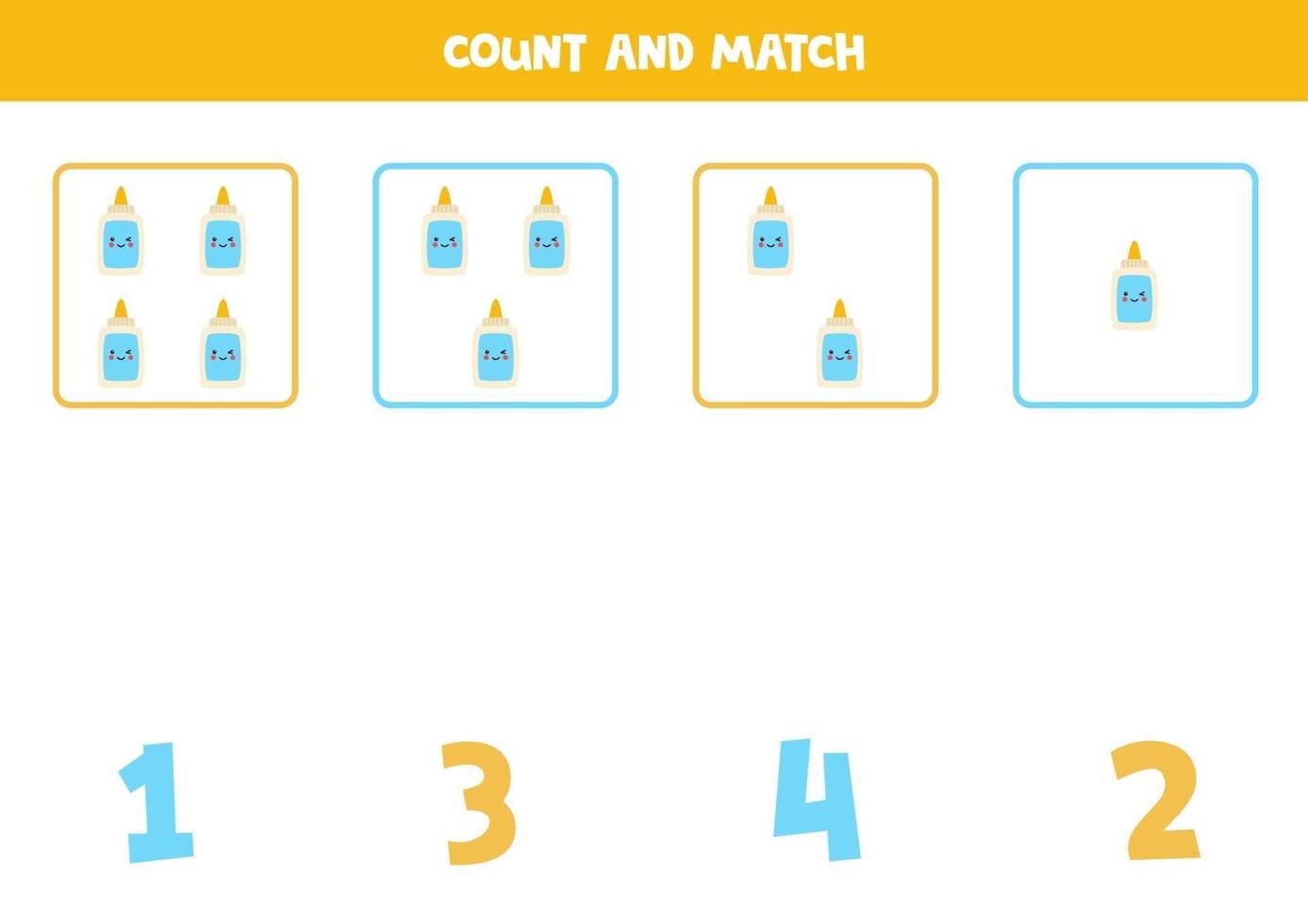 Zählspiel mit süßem Kawaii-Kleber. Mathe-Arbeitsblatt. vektor