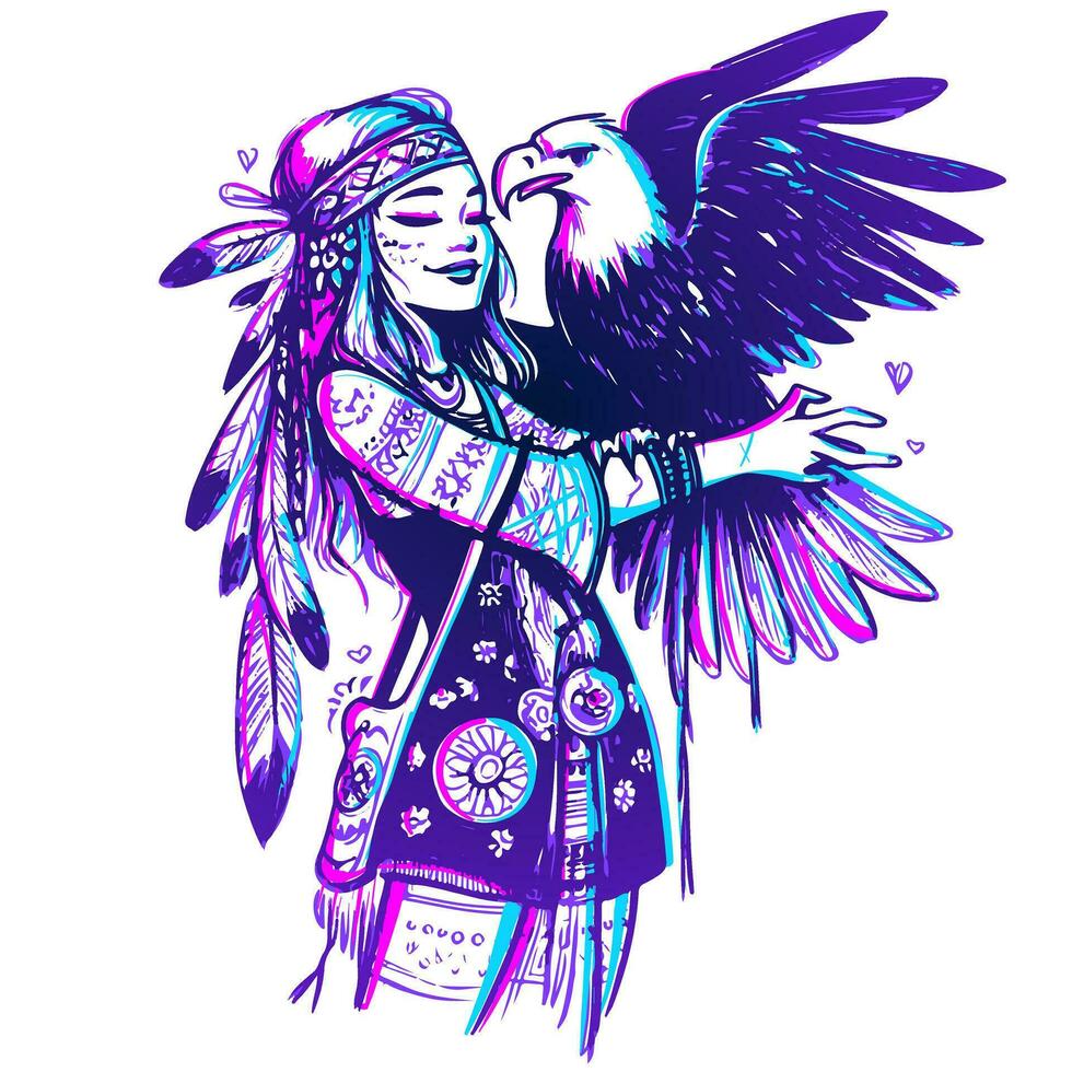 Neon- Kunst von ein einheimisch Hippie Frau tragen Gefieder und umarmen ein fliegend Adler auf ihr Arm. Bohemien Mädchen halten ein wild Vogel. vektor
