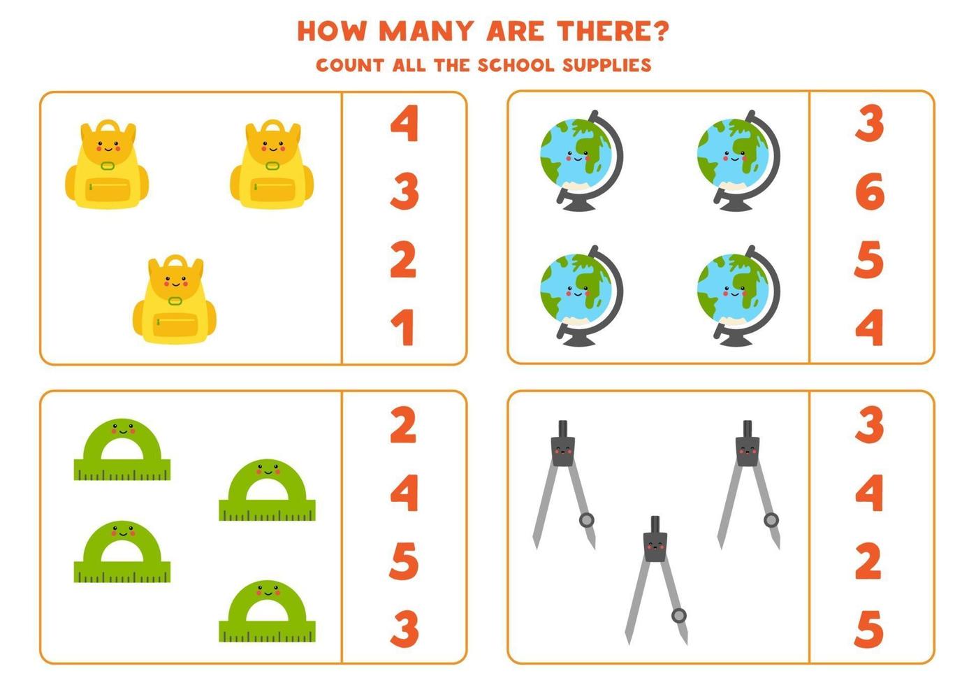Zählspiel mit niedlichen kawaii Schulmaterialien. Mathe-Arbeitsblatt. vektor