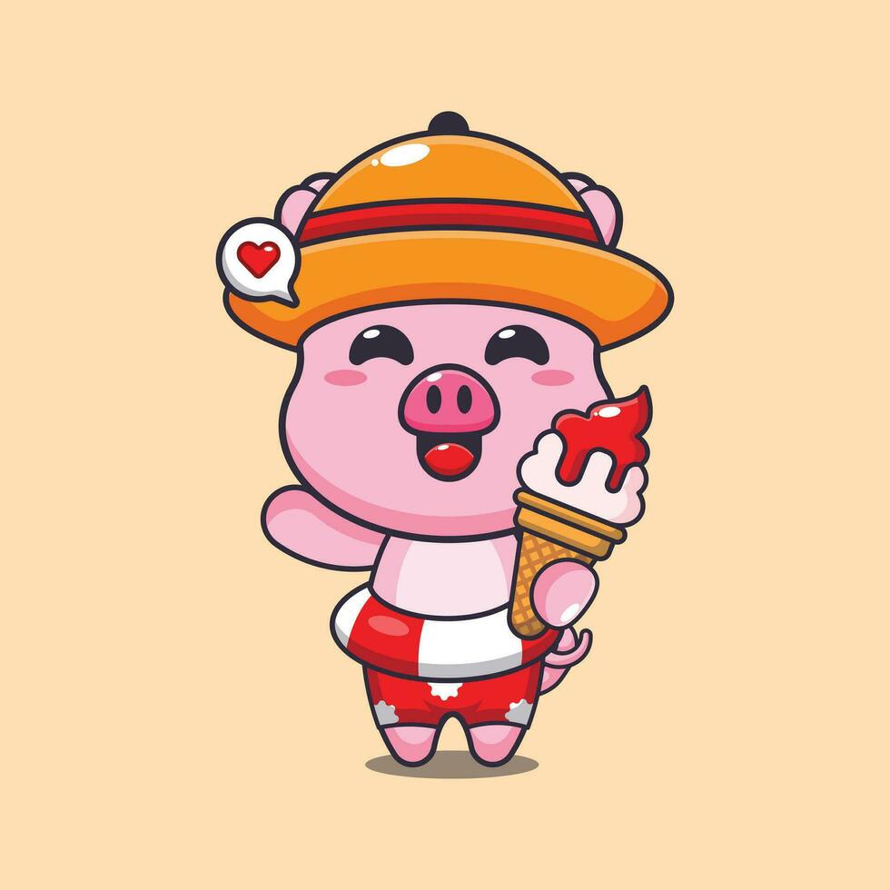 süß Schwein mit Eis Sahne auf Strand Karikatur Illustration. süß Sommer- Karikatur Illustration. vektor