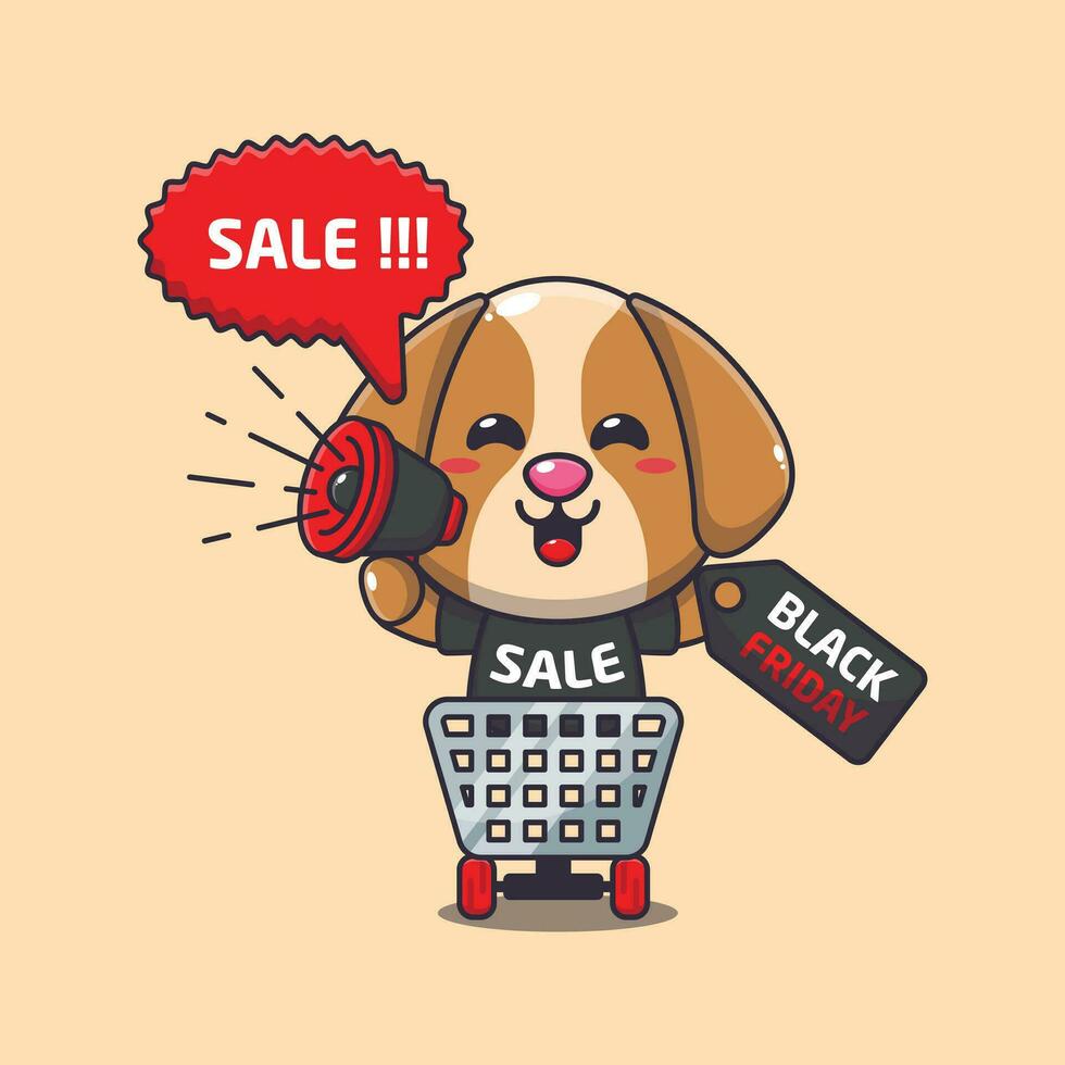 süß Hund im Einkaufen Wagen ist fördern schwarz Freitag Verkauf mit Megaphon Karikatur Vektor Illustration