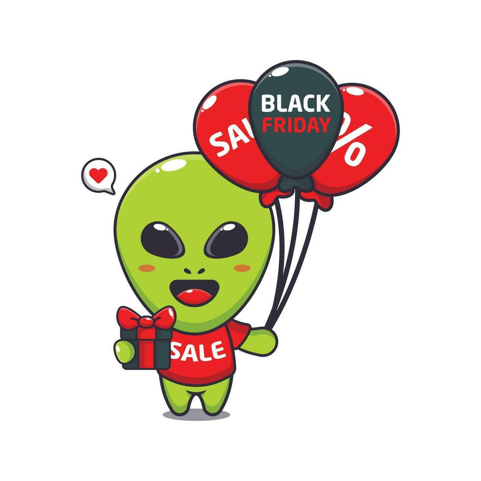 söt utomjording med gåvor och ballonger i svart fredag försäljning tecknad serie vektor illustration