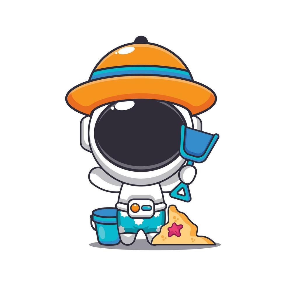 söt astronaut i solglasögon spela sand strand tecknad serie illustration. söt sommar tecknad serie illustration. vektor