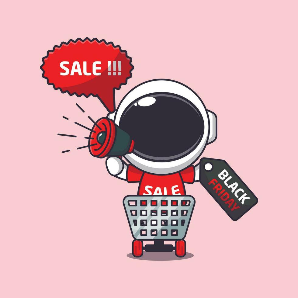 süß Astronaut im Einkaufen Wagen ist fördern schwarz Freitag Verkauf mit Megaphon Karikatur Vektor Illustration