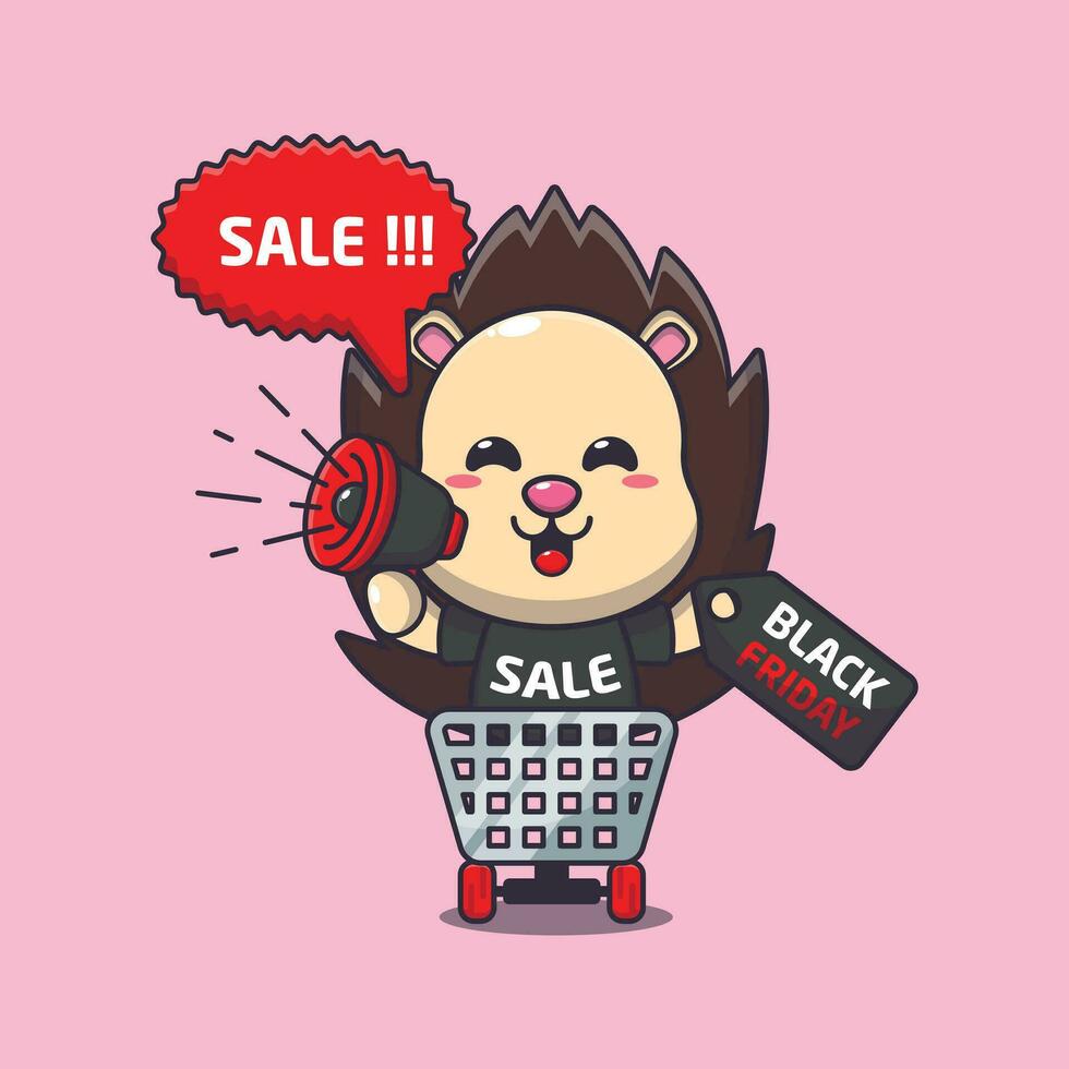 süß Igel im Einkaufen Wagen ist fördern schwarz Freitag Verkauf mit Megaphon Karikatur Vektor Illustration