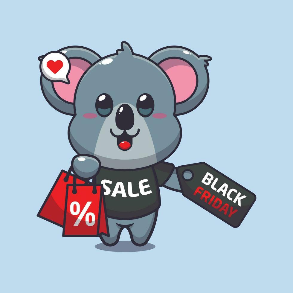 söt koala med handla väska och svart fredag försäljning rabatt tecknad serie vektor illustration