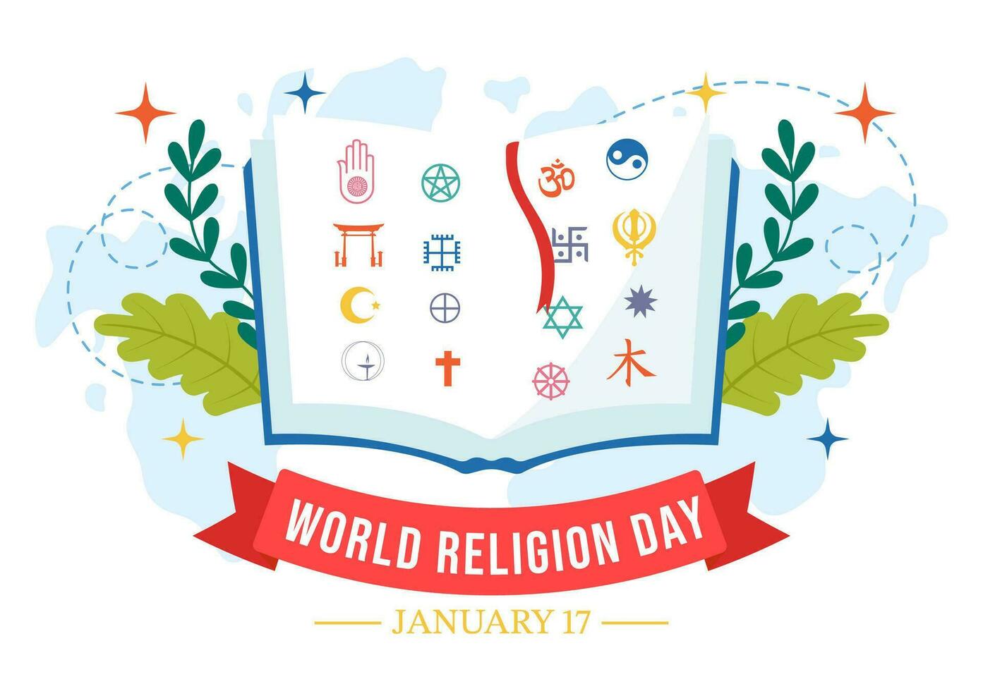 Welt Religion Tag Vektor Illustration auf 17 Januar mit Symbol Symbole von anders Religionen zum Poster oder Banner im eben Karikatur Hintergrund