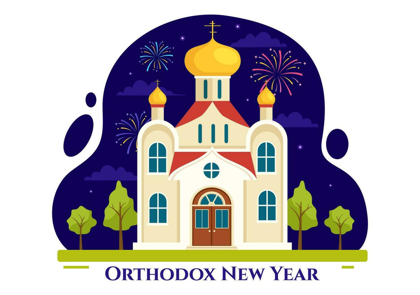 glücklich orthodox Neu Jahr Vektor Illustration auf 14 Januar mit Kirche und Feuerwerk zum Poster oder Banner im eben Karikatur Hintergrund Design