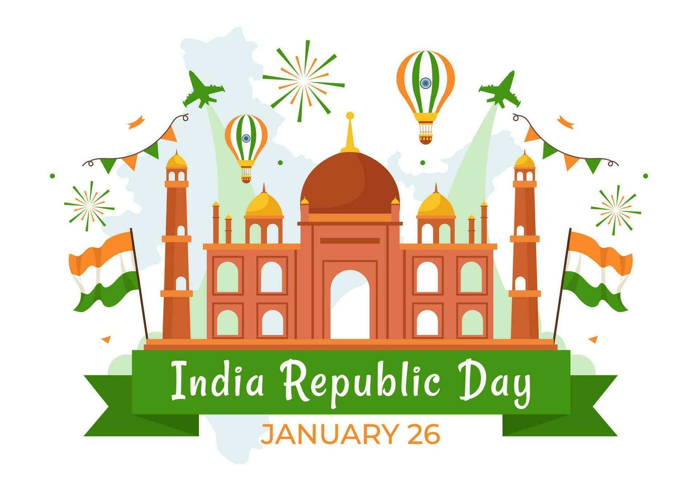 Lycklig Indien republik dag vektor illustration på 26 januari med indisk flagga och Port i Semester nationell firande platt tecknad serie bakgrund design