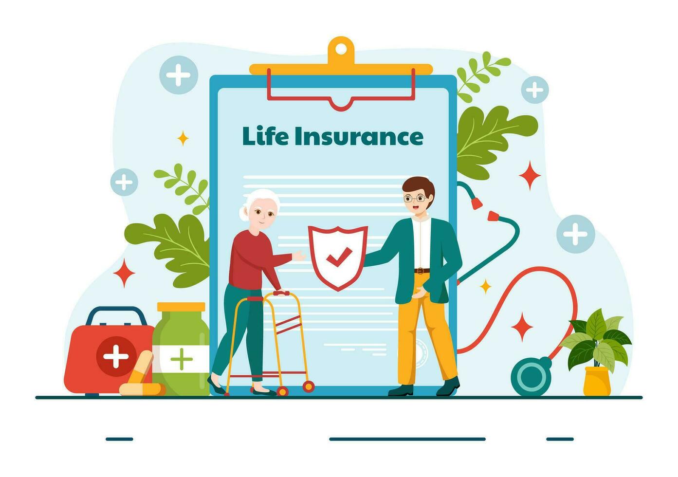 Leben Versicherung Vektor Illustration mit prüfen Zeichen, Schild und Regenschirm zum Familie Gesundheitswesen Schutz und medizinisch Bedienung im eben Hintergrund