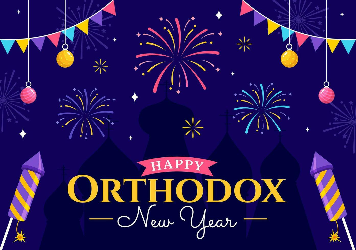 Lycklig ortodox ny år vektor illustration på 14 januari med kyrka och fyrverkeri för affisch eller baner i platt tecknad serie bakgrund design