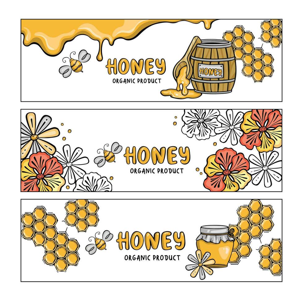 uppsättning av banderoller med honung och bin, vektor illustration
