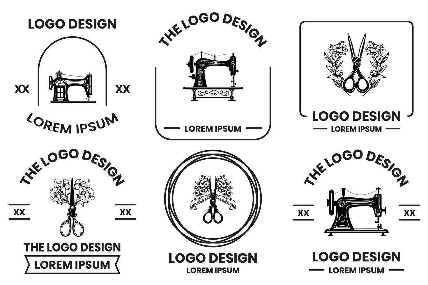 skrädderi och sömnad Utrustning affär logotyp i platt linje konst stil vektor