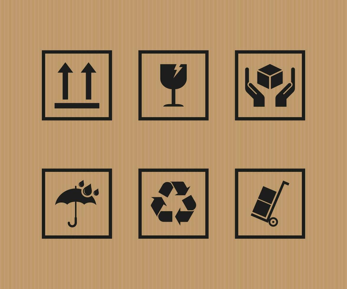 Verpackung Symbole einstellen auf Papier Box Hintergrund. Sammlung von Ladung Symbole, Verpackung Symbole, Verpackung Zeichen. zum Kasten, Design, Infografik. Einschließlich zerbrechlich, recyceln, Handhabung mit Pflege Vektor