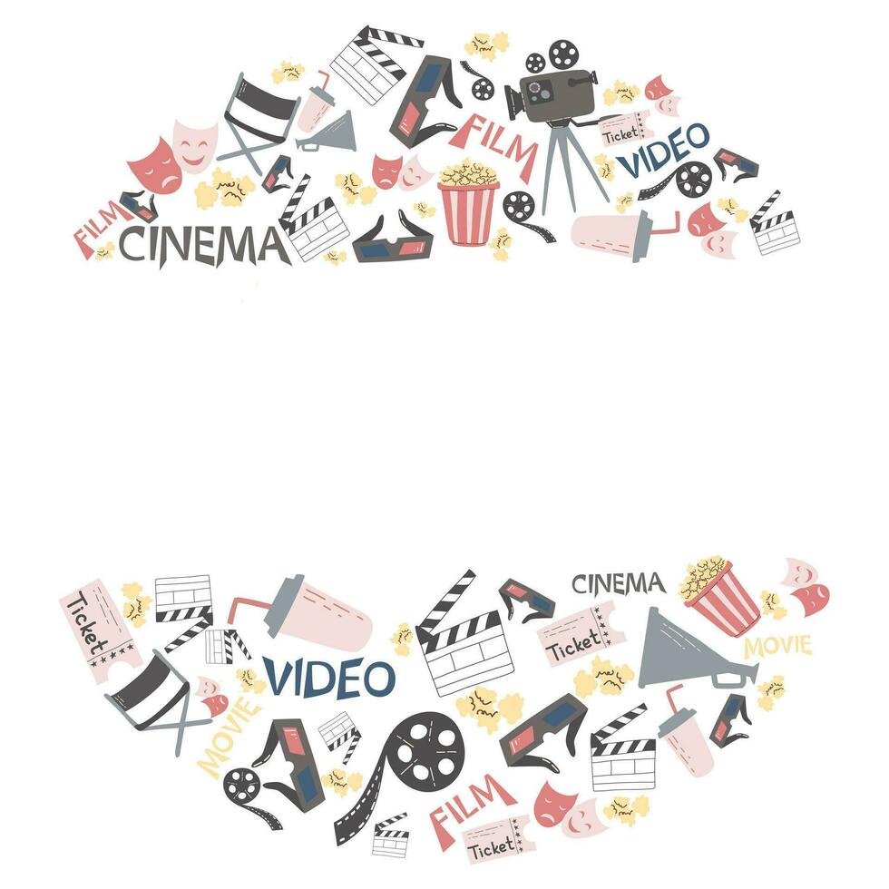 Vektor Illustration von runden Rahmen mit Film Kino Attribute Ausrüstung isoliert auf Weiß und Kopierraum im das Mitte. Welt Kino Tag, Kinos, Design, Karte, Poster Konzept. Kamera, Popcorn, Fahrkarte