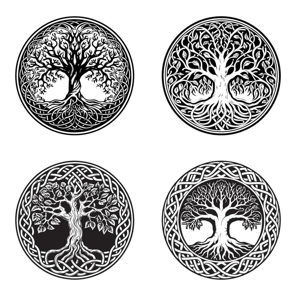 einstellen von keltisch Baum von Leben dekorativ Vektor Ornament, tätowieren skizzieren Sammlung. Grunge Vektor Illustration von das skandinavisch Mythen mit keltisch Kultur.