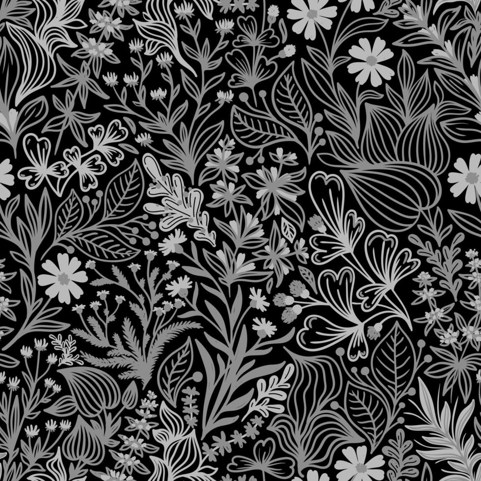 schwarzer nahtloser Hintergrund mit weißen Wildblumen und Kräutern vektor